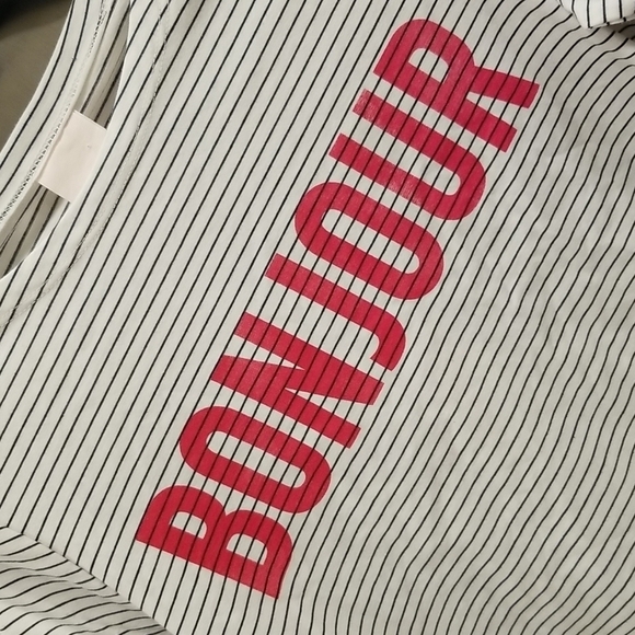 💕CINQ A SEPT💕 Boatneck Striped Graphic Tee ~ BONJOUR Black & White Small S NWT - Picture 5 of 10